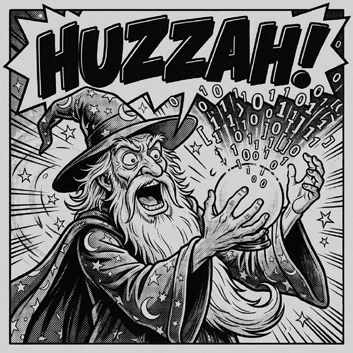 Huzzah! A triumphant figure in a mint-green comic panel.