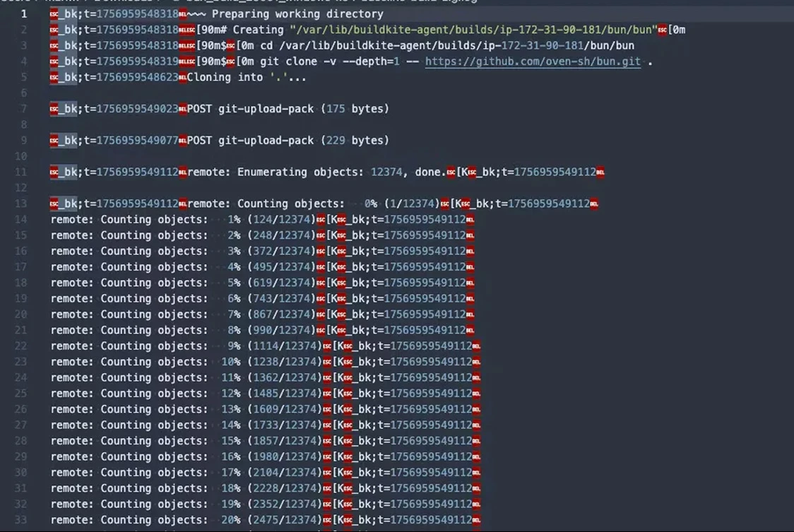 Bun’s raw Buildkite log, dense with ANSI escape codes and repeated progress output
